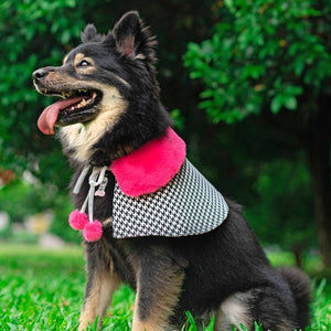 Fuscia Pink Faux Fur Collar Trench Coat in Houndstooth - The Pet's Couture