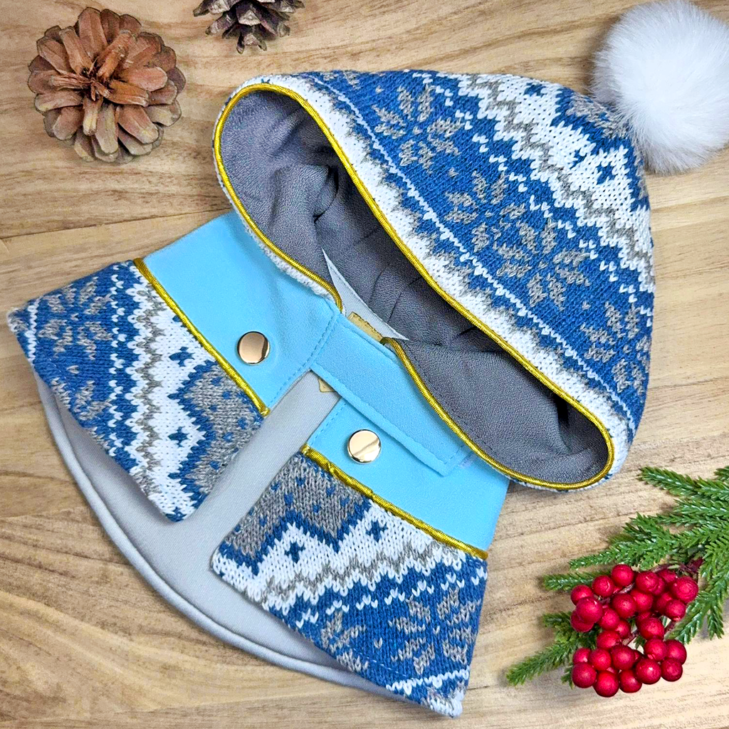 Blue Silver Knitted Hoodie Sweater Cape - Noel