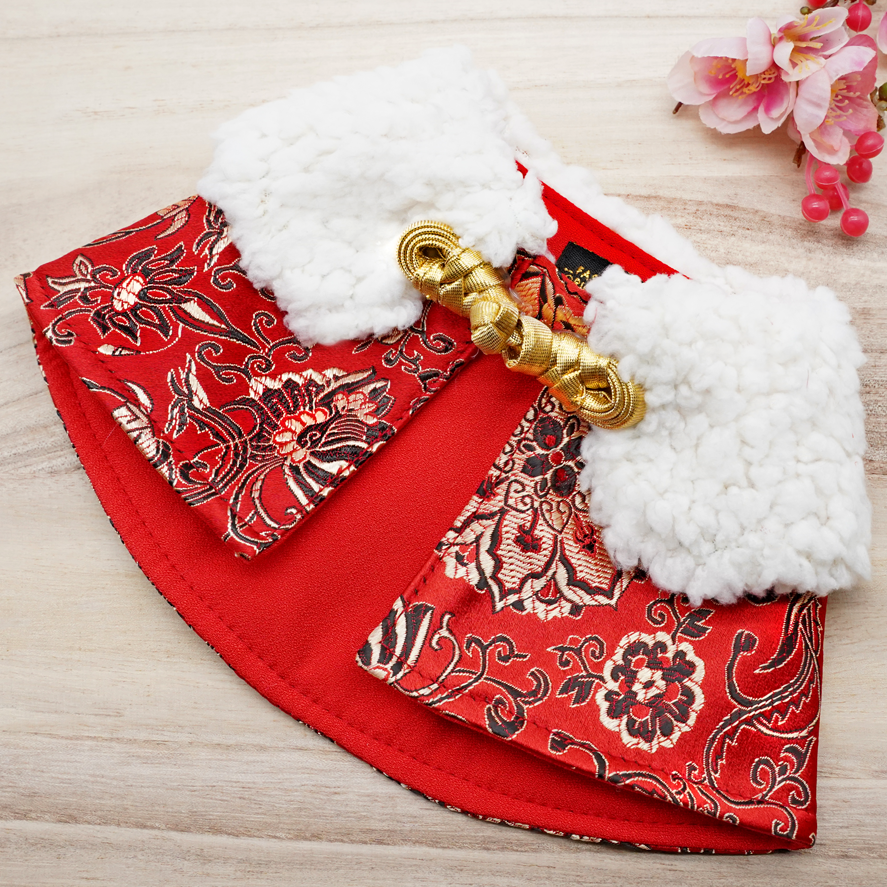 Spring Of Longevity in Crimson Gold CNY Cape with Faux Fur Collar - The Pet's Couture
