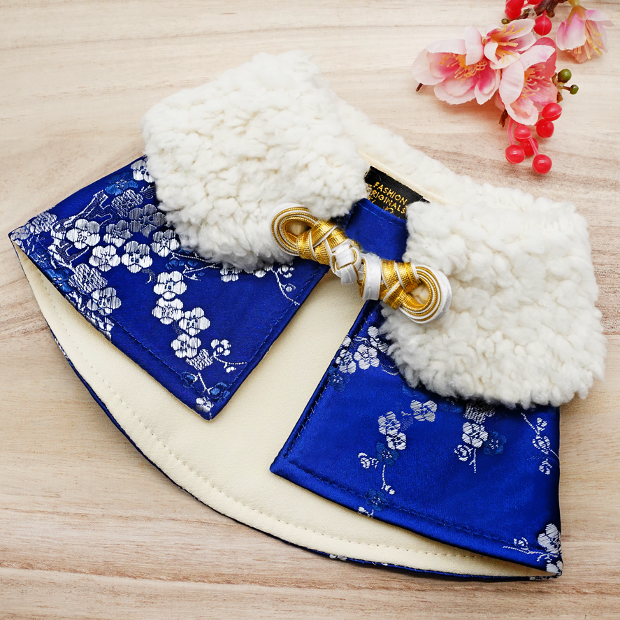 Spring Of Strength in Deep Royal Blue Blossoms CNY Cape with Faux Fur Collar - The Pet's Couture