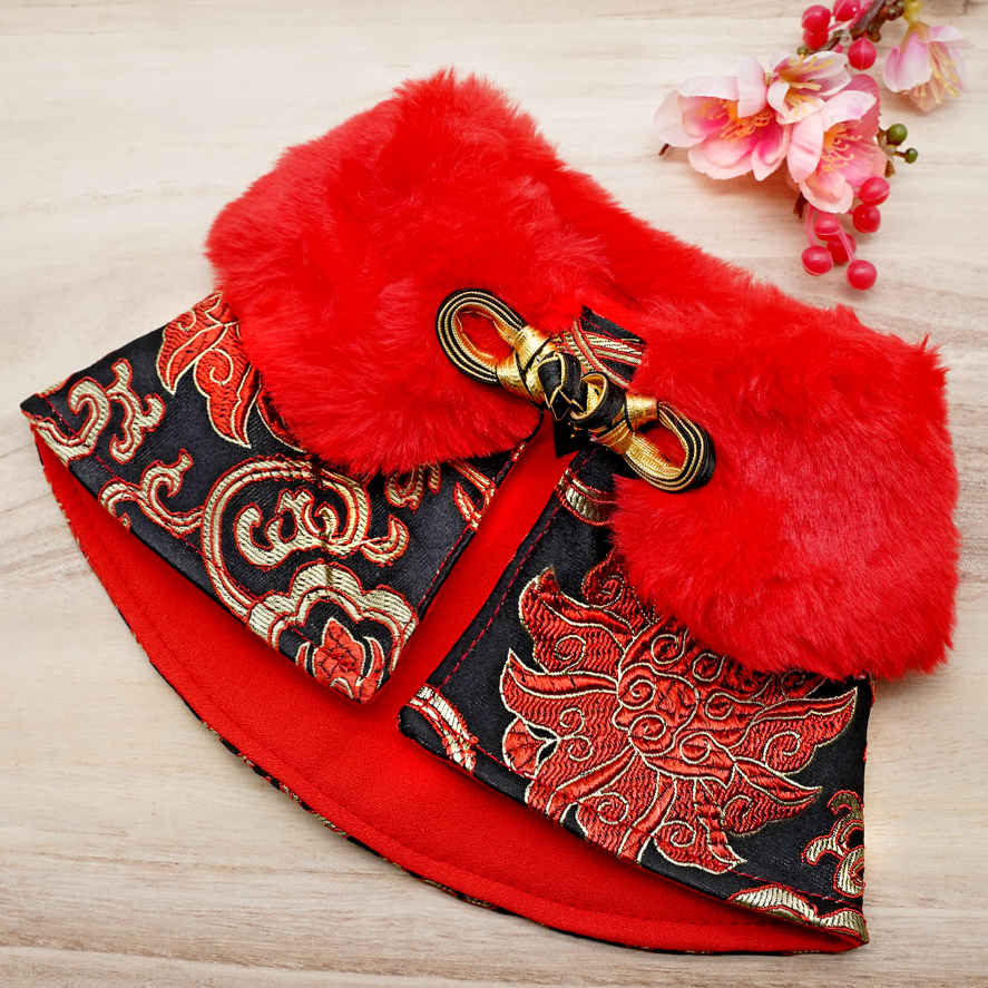 Spring Of Prosperity in Royal Scarlett CNY Cape with Faux Fur Collar - The Pet's Couture