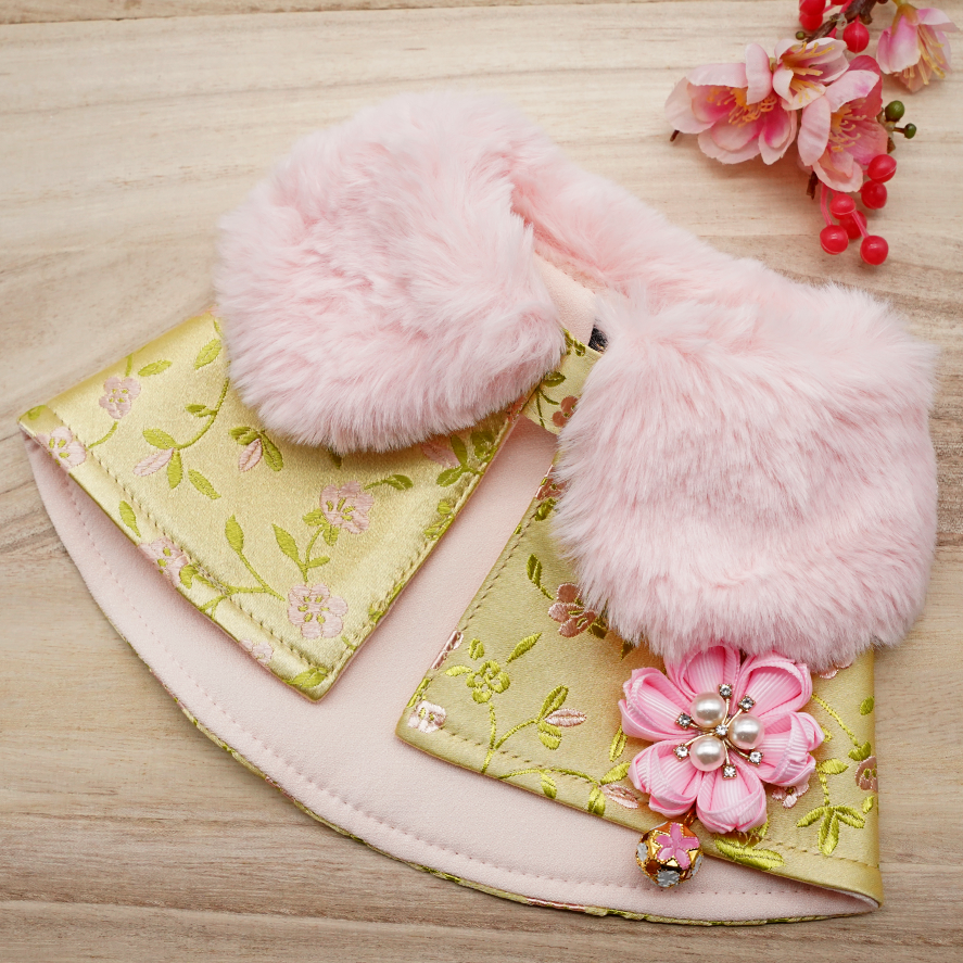 Spring Imperial Pink Gold Blossoms CNY Cape with Baby Pink Faux Fur Collar