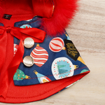 Xmas Hoodie Cape - Dark Navy Ornaments with Red Faux Fur Trimmings