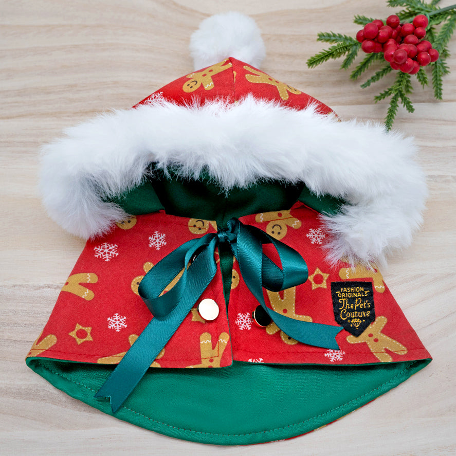 Xmas Hoodie Cape - Gingerbread Man on Red Hoodie with White Fur Trimmings