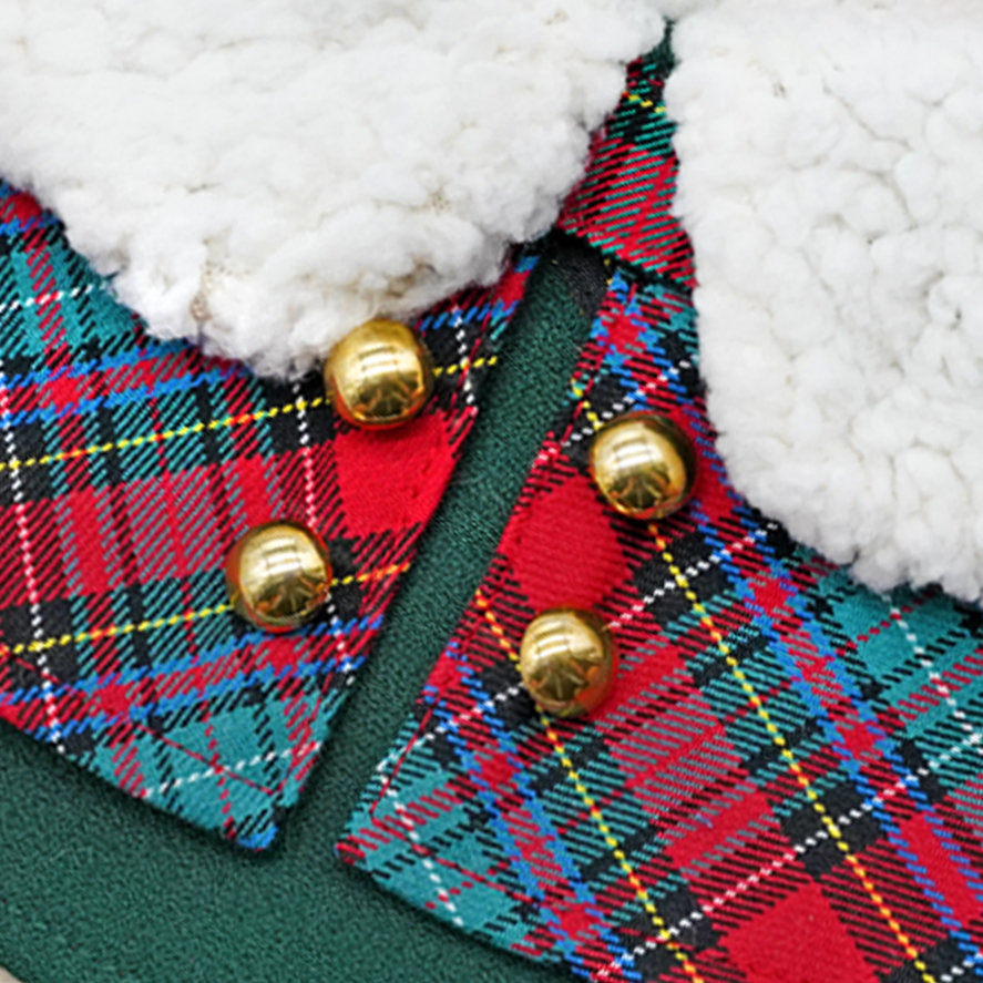 聖誕斗篷 - 紅綠格子呢白色人造毛領風衣