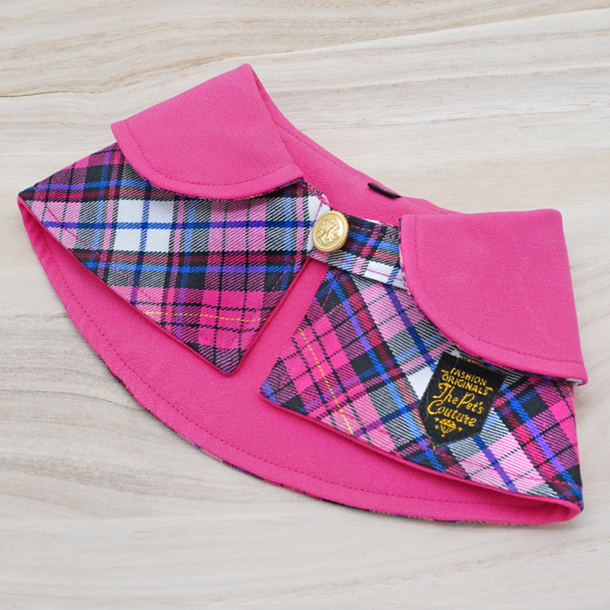 Fuscia Pink Collar with Pink Blue Scottish Tartan Print