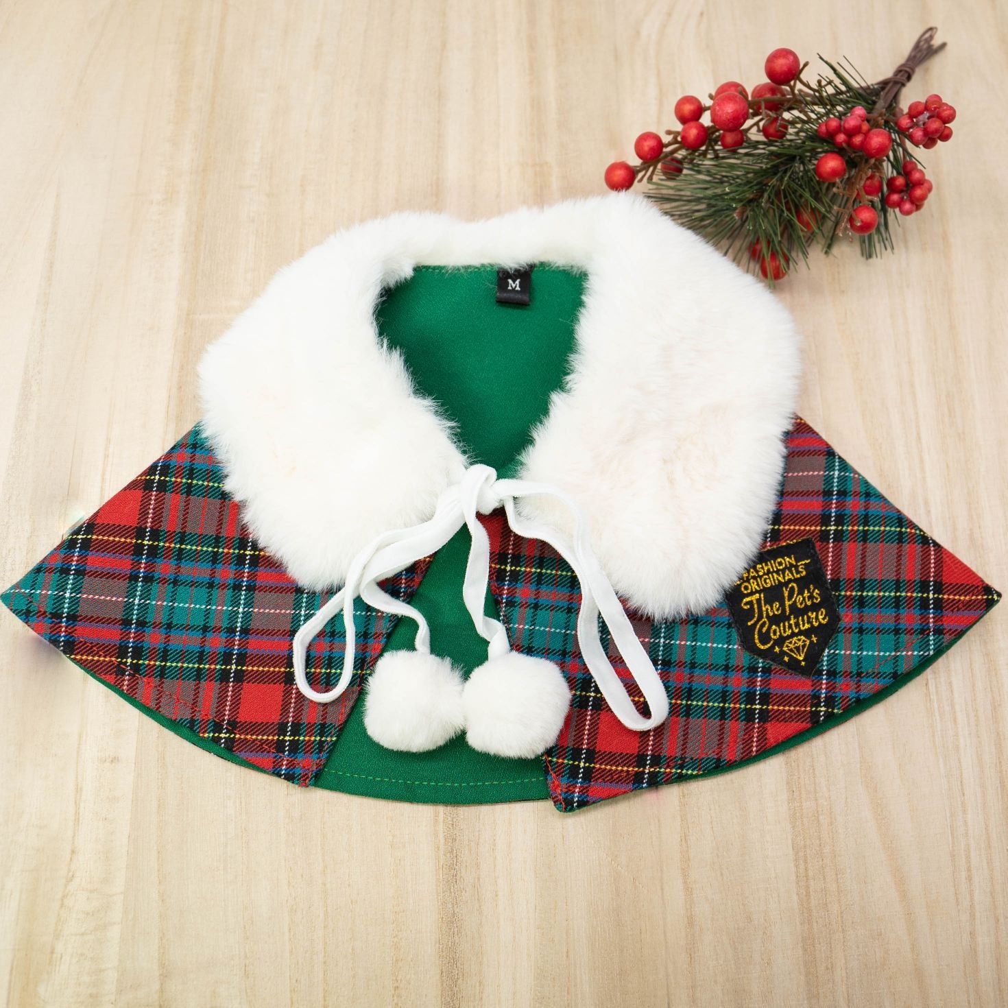 Xmas Cape - White Faux Fur Collar Trench Coat in Red Green Tartan - The Pet's Couture