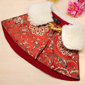 Spring Of Longevity in Crimson Gold CNY Cape with Faux Fur Collar - The Pet's Couture
