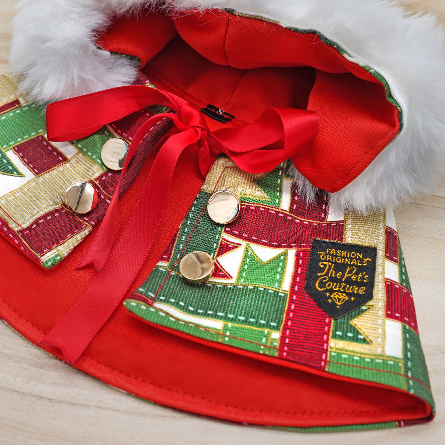 圣诞连帽斗篷 - 圣诞丝带印花连帽衫，白色人造毛皮饰边