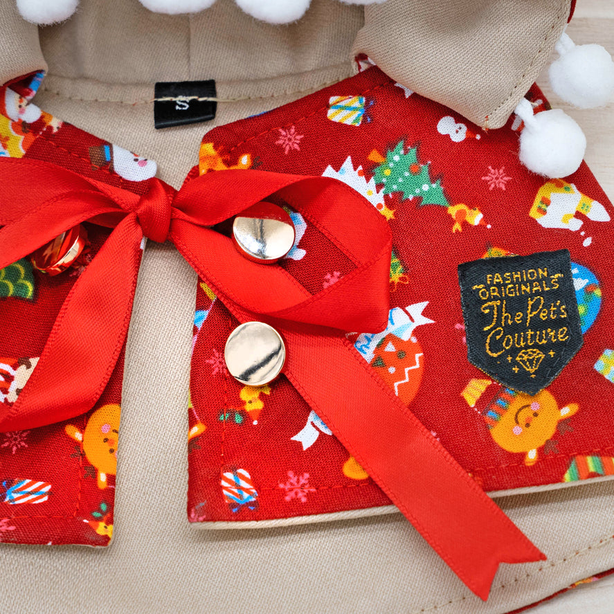 聖誕連帽衫斗篷 - 紅色仙境連帽衫配白色絨球飾邊
