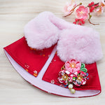 Spring Imperial Burgundy Blossoms CNY Cape with Faux Fur Collar