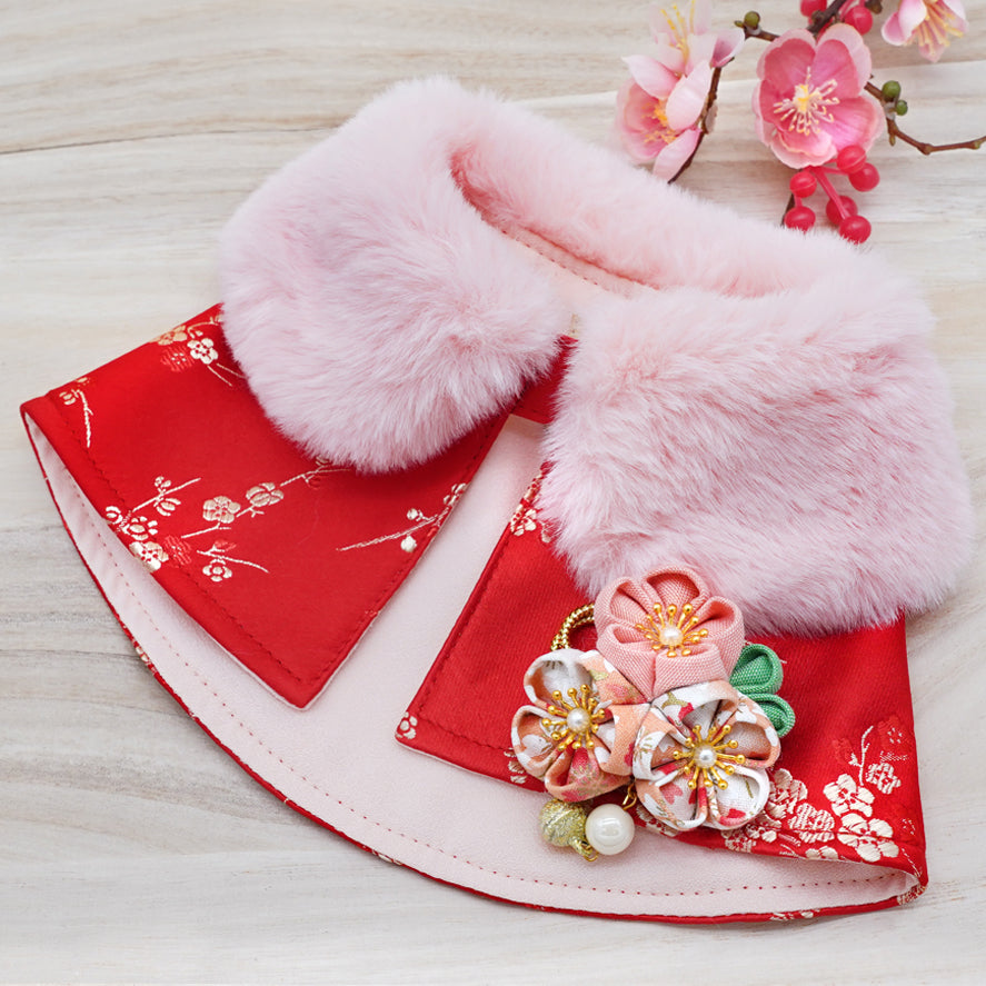 Spring Imperial Scarlett Blossoms CNY Cape with Faux Fur Collar