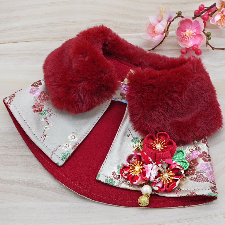 Spring Imperial Wine Blossoms CNY Cape with Faux Fur Collar