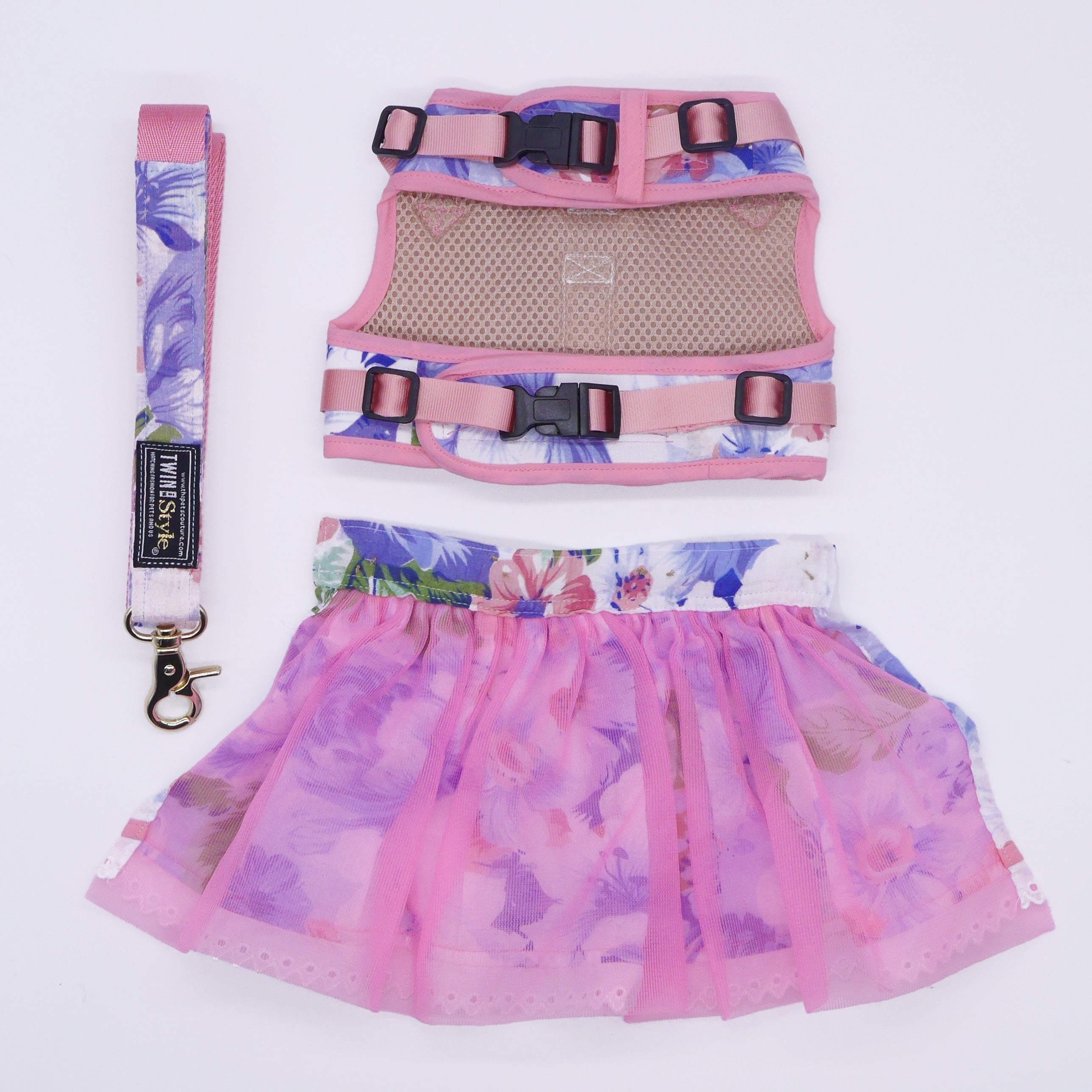 Tropical Fauna Pink Harness with Detachable Skirt + Leash Set - Twin In Style (For Her) - The Pet's Couture