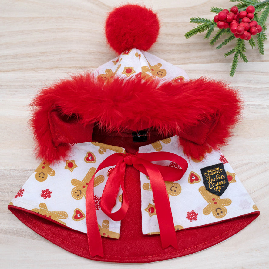 圣诞连帽斗篷 - 姜饼人红色毛皮装饰白色连帽衫