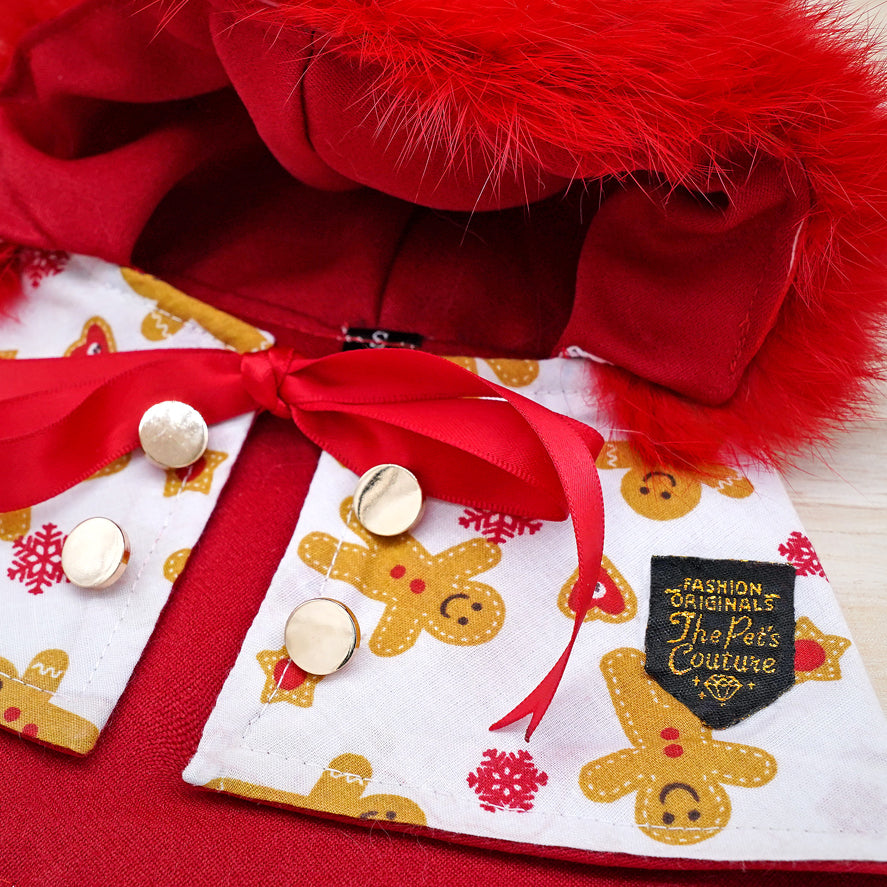 圣诞连帽斗篷 - 姜饼人红色毛皮装饰白色连帽衫